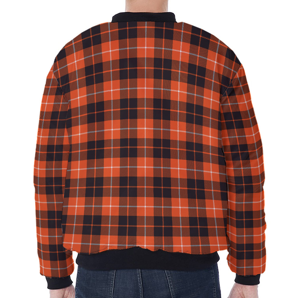 Orange Grey And White Tartan Print Zip Sleeve Bomber Jacket