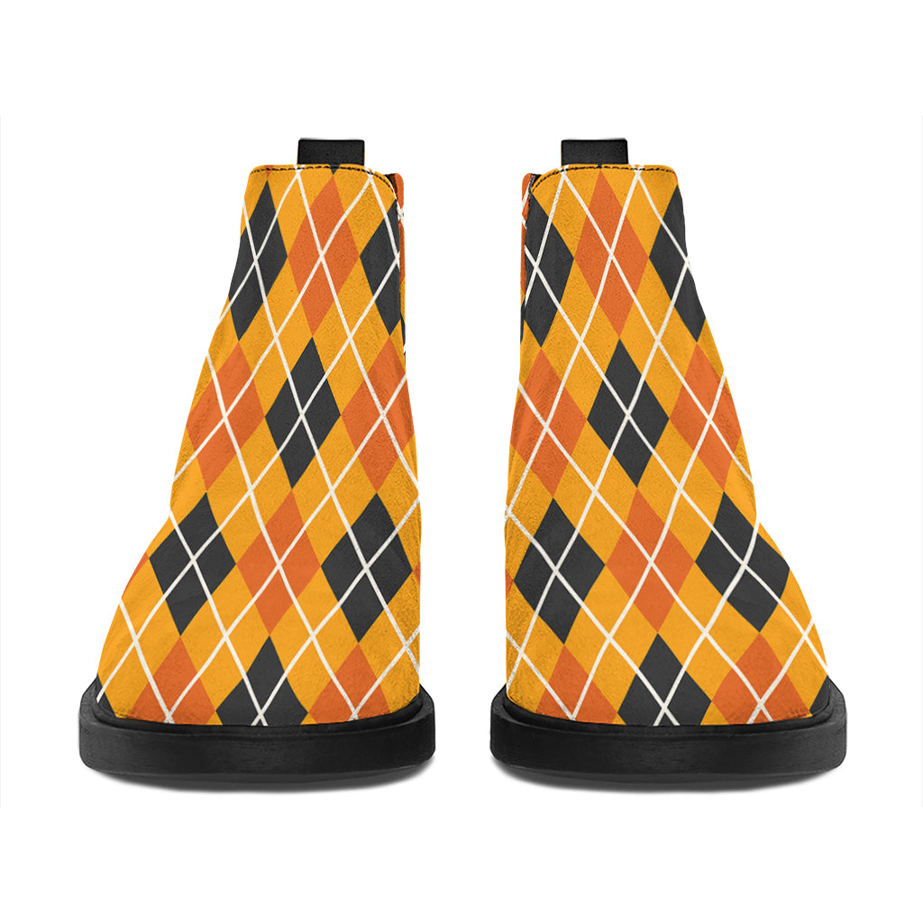 Orange Halloween Argyle Pattern Print Flat Ankle Boots