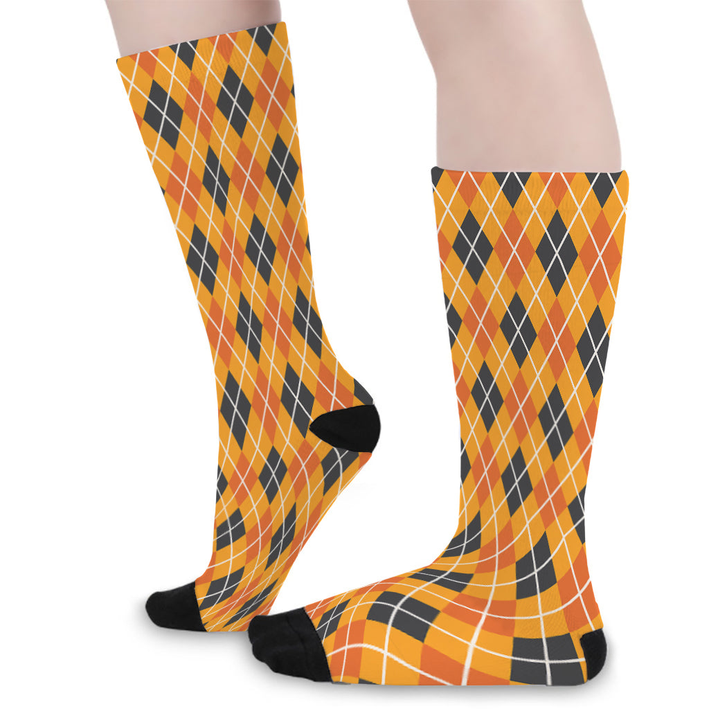 Orange Halloween Argyle Pattern Print Long Socks