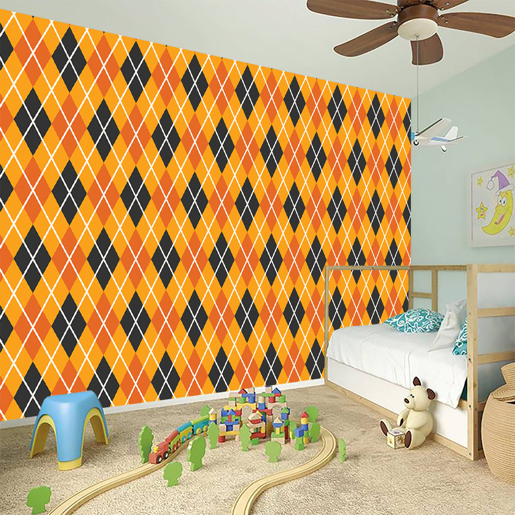 Orange Halloween Argyle Pattern Print Wall Sticker