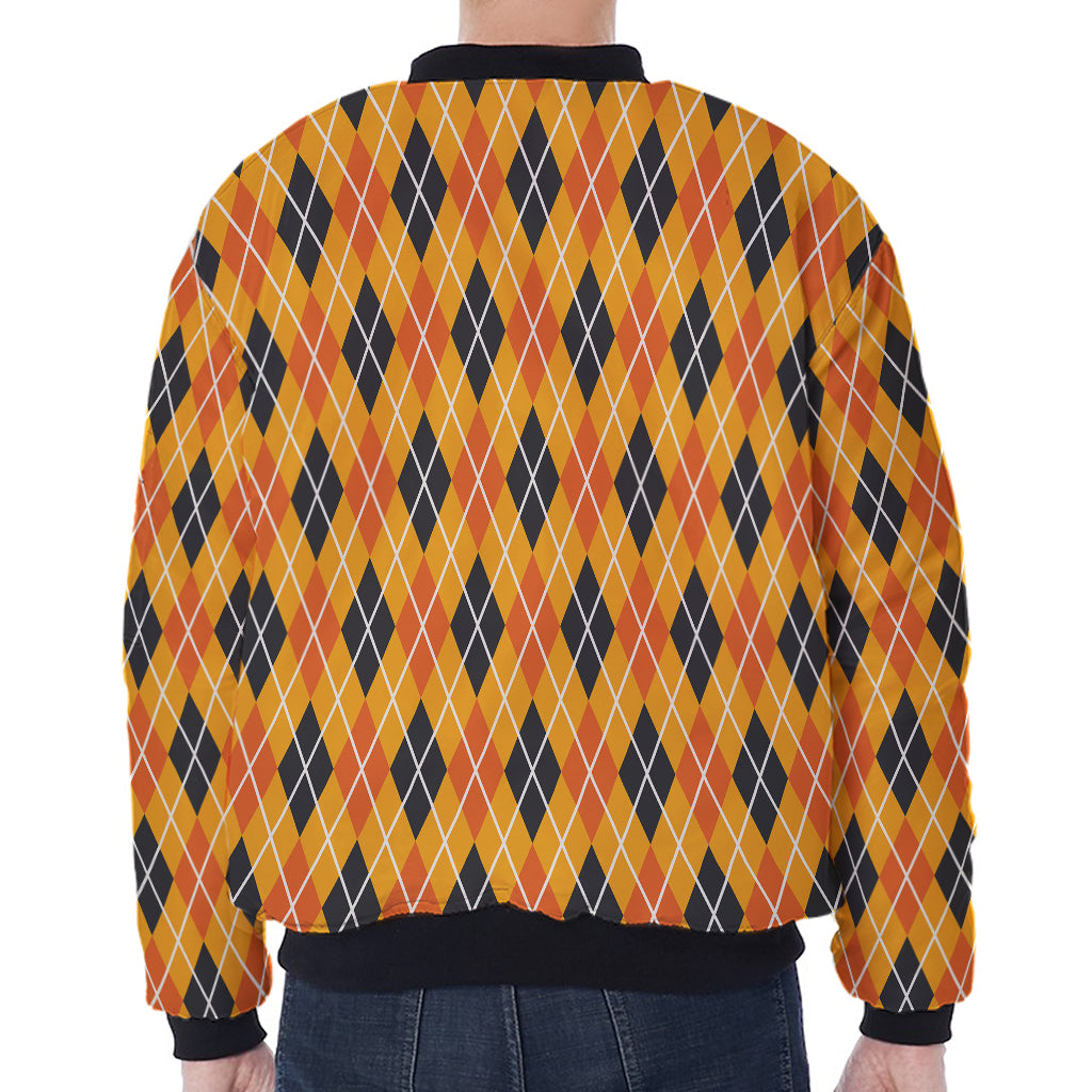 Orange Halloween Argyle Pattern Print Zip Sleeve Bomber Jacket