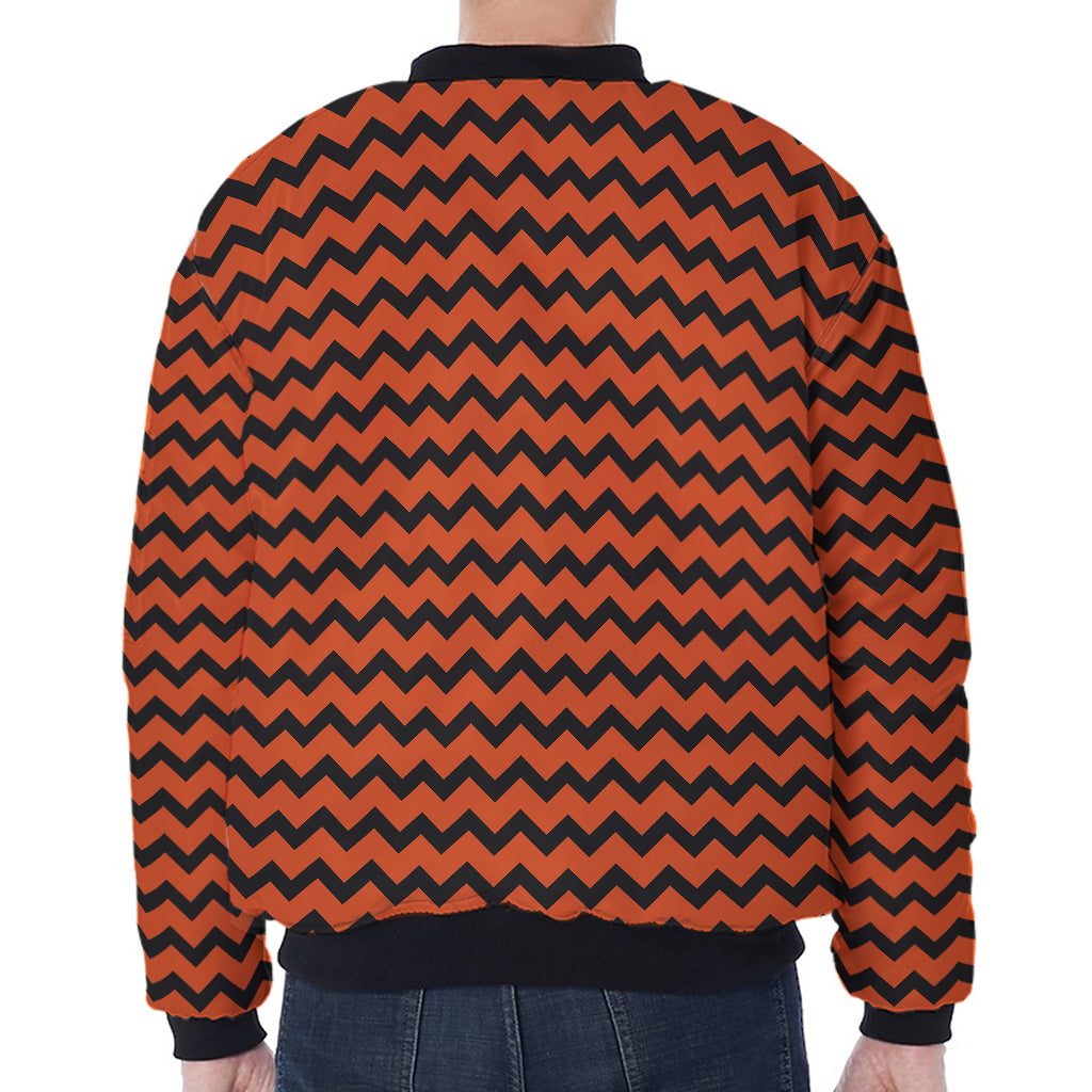 Orange Halloween Chevron Pattern Print Zip Sleeve Bomber Jacket
