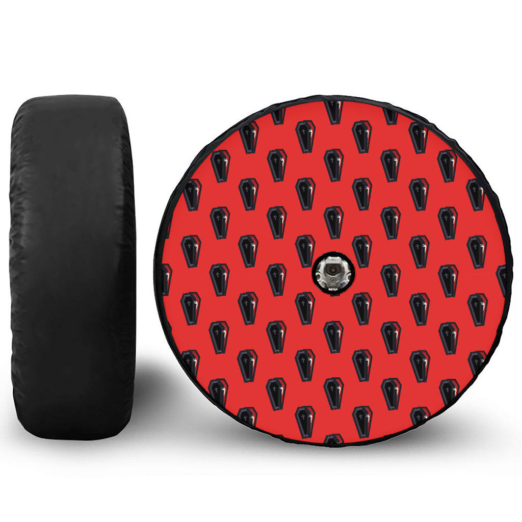 Orange Halloween Coffin Pattern Print Tire Cover With Camera Hole