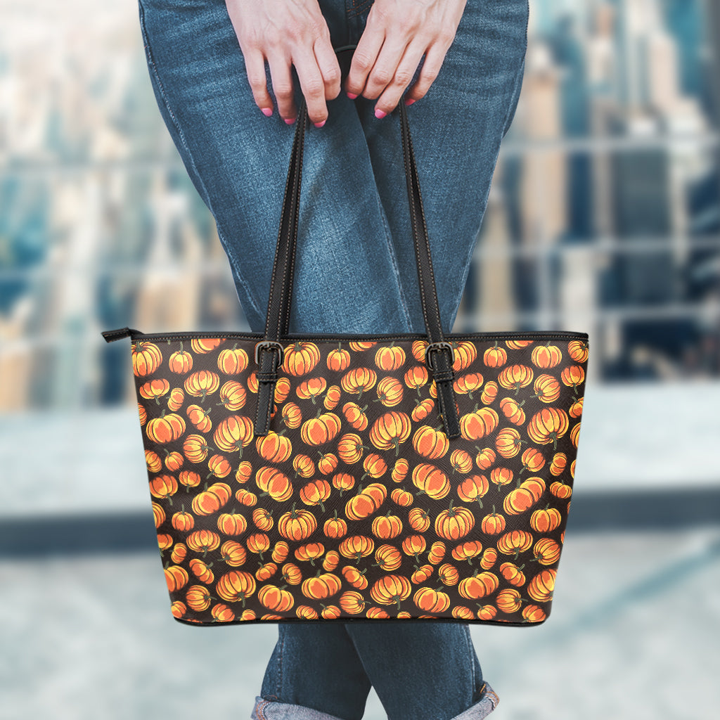 Orange Halloween Pumpkin Pattern Print Leather Tote Bag