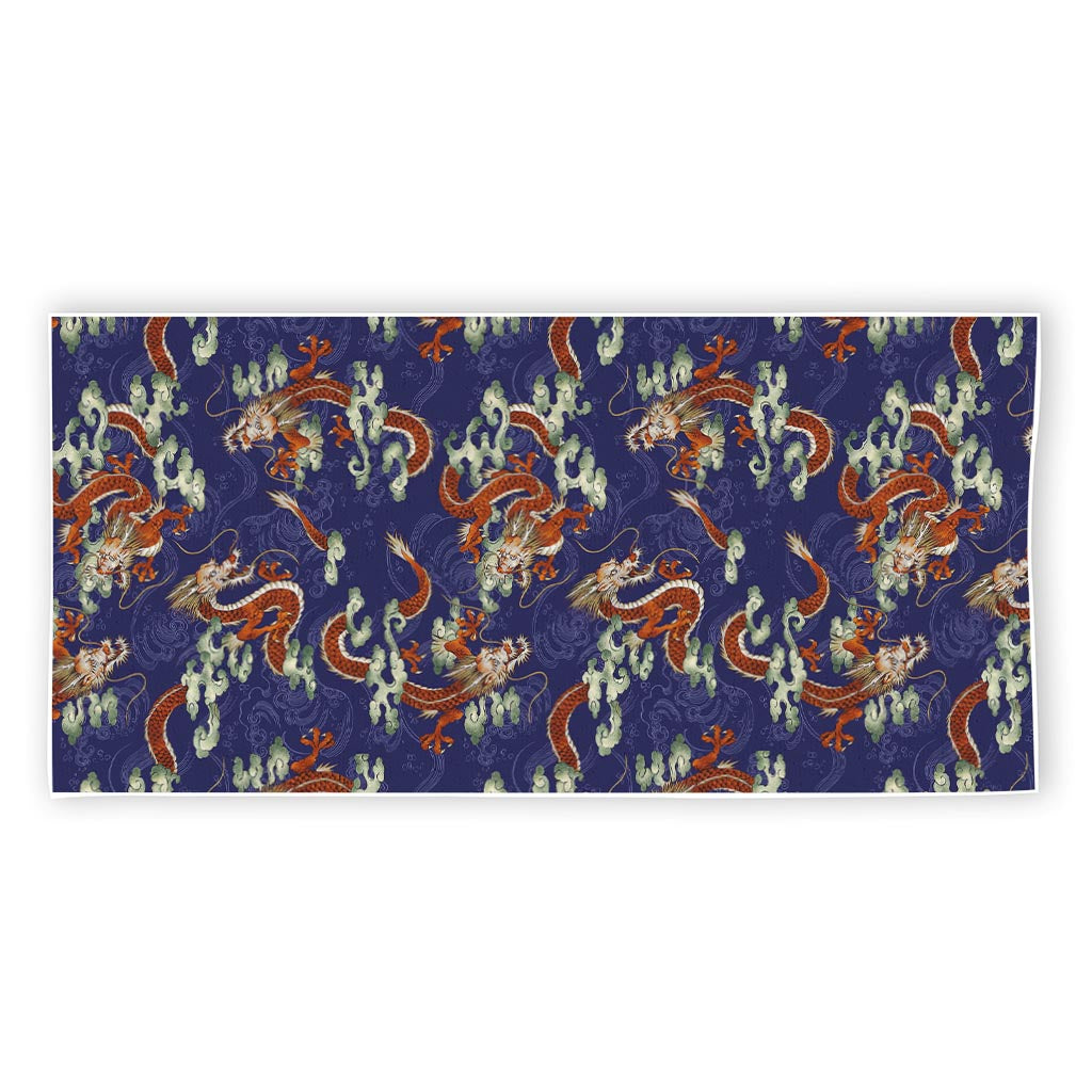 Orange Japanese Dragon Pattern Print Beach Towel