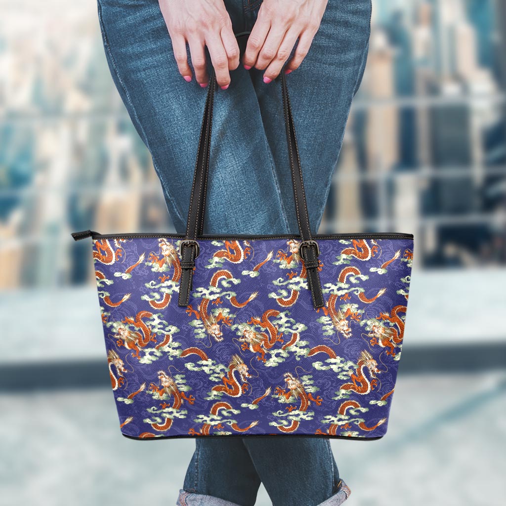 Orange Japanese Dragon Pattern Print Leather Tote Bag