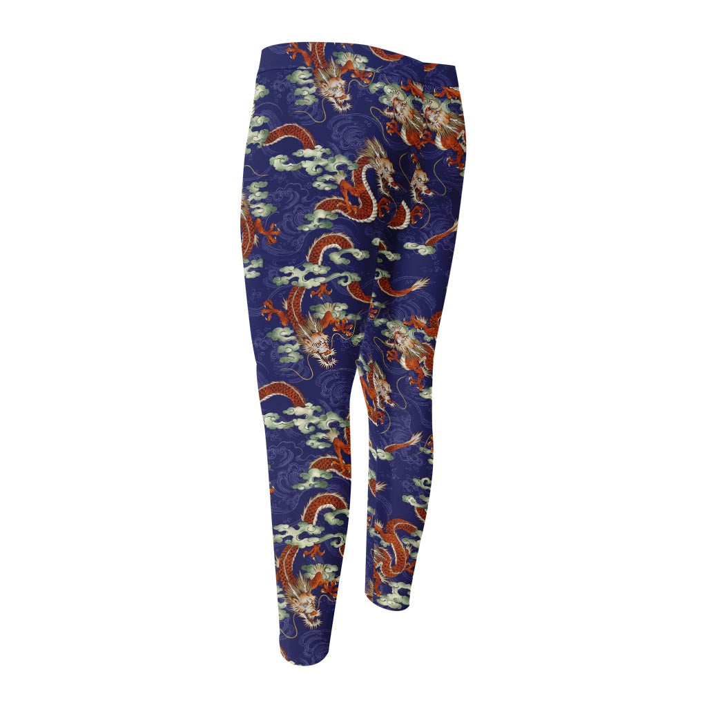 Orange Japanese Dragon Pattern Print Men's Compression Pants