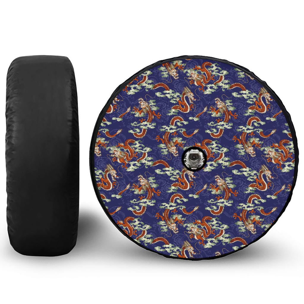 Orange Japanese Dragon Pattern Print Tire Cover With Camera Hole
