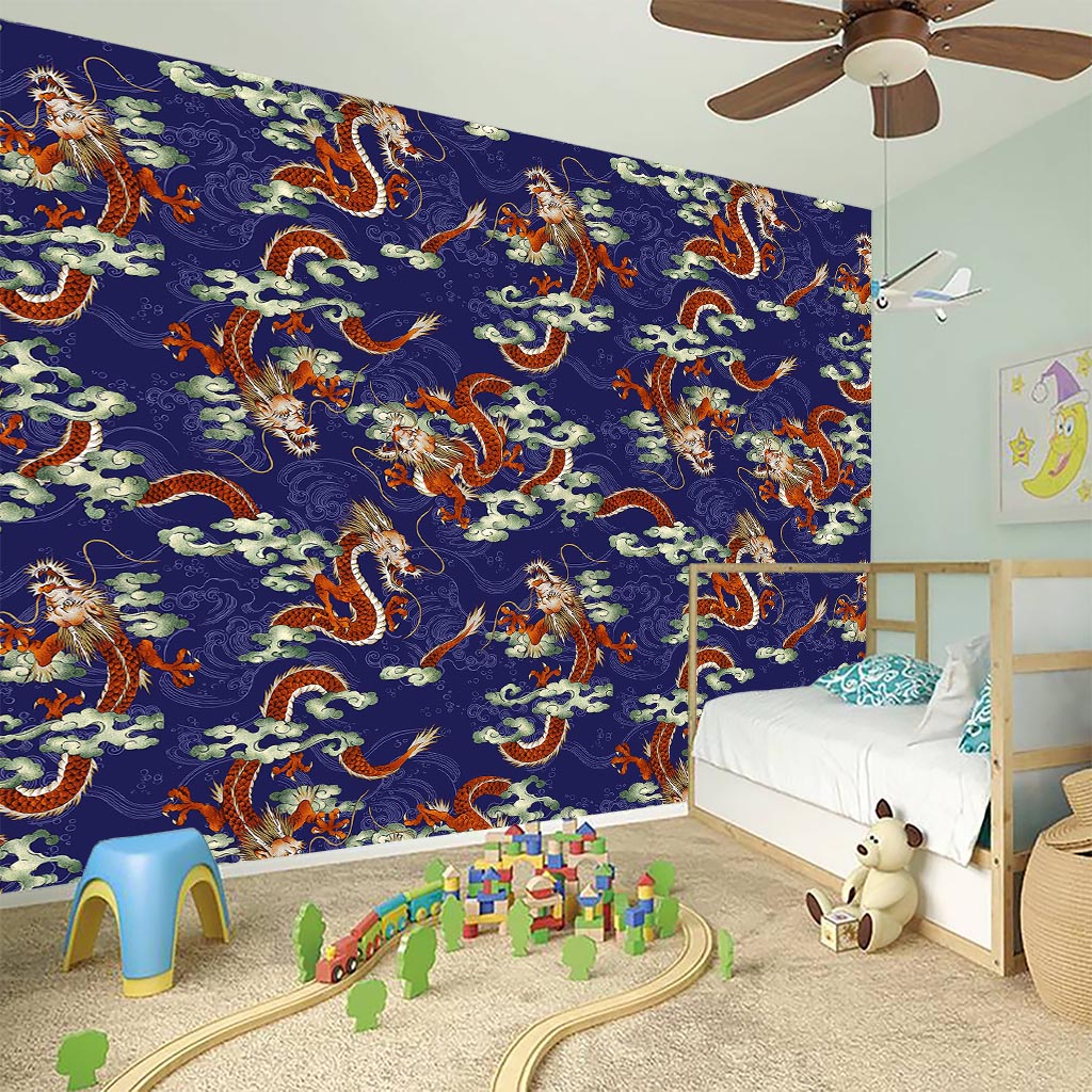 Orange Japanese Dragon Pattern Print Wall Sticker