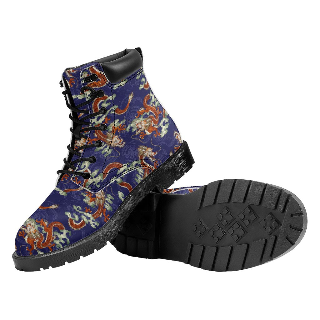 Orange Japanese Dragon Pattern Print Work Boots