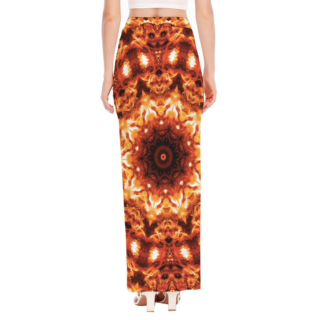 Orange Kaleidoscope Print High Slit Maxi Skirt
