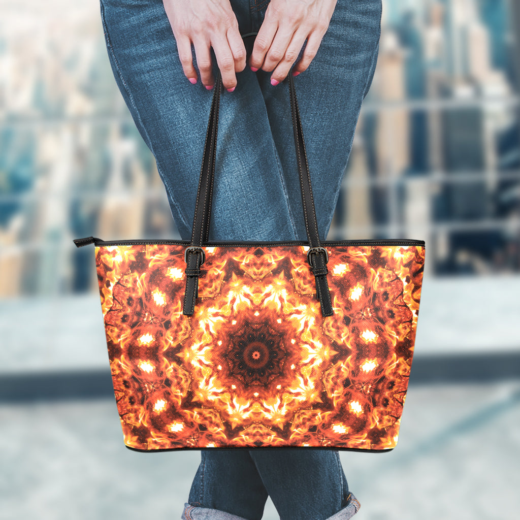 Orange Kaleidoscope Print Leather Tote Bag