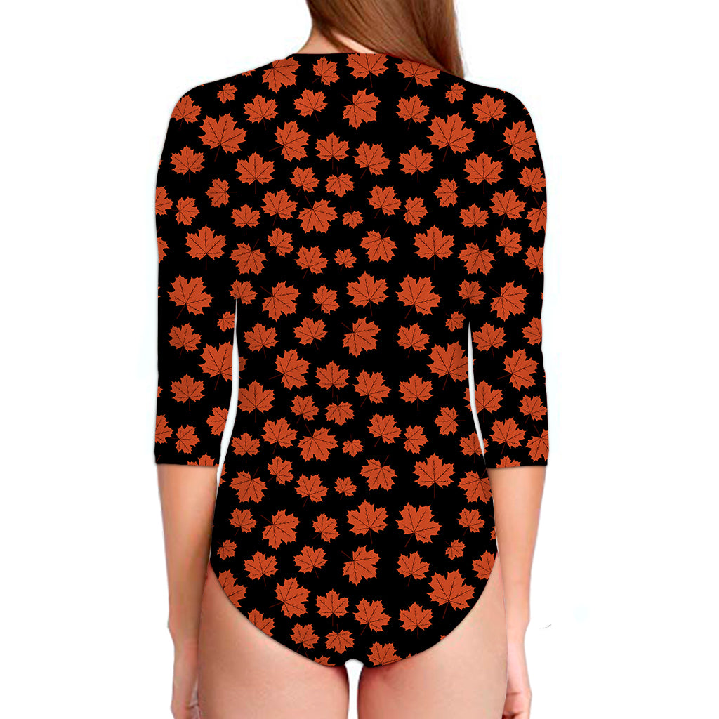 Orange Maple Leaves Pattern Print Long Sleeve Swimsuit