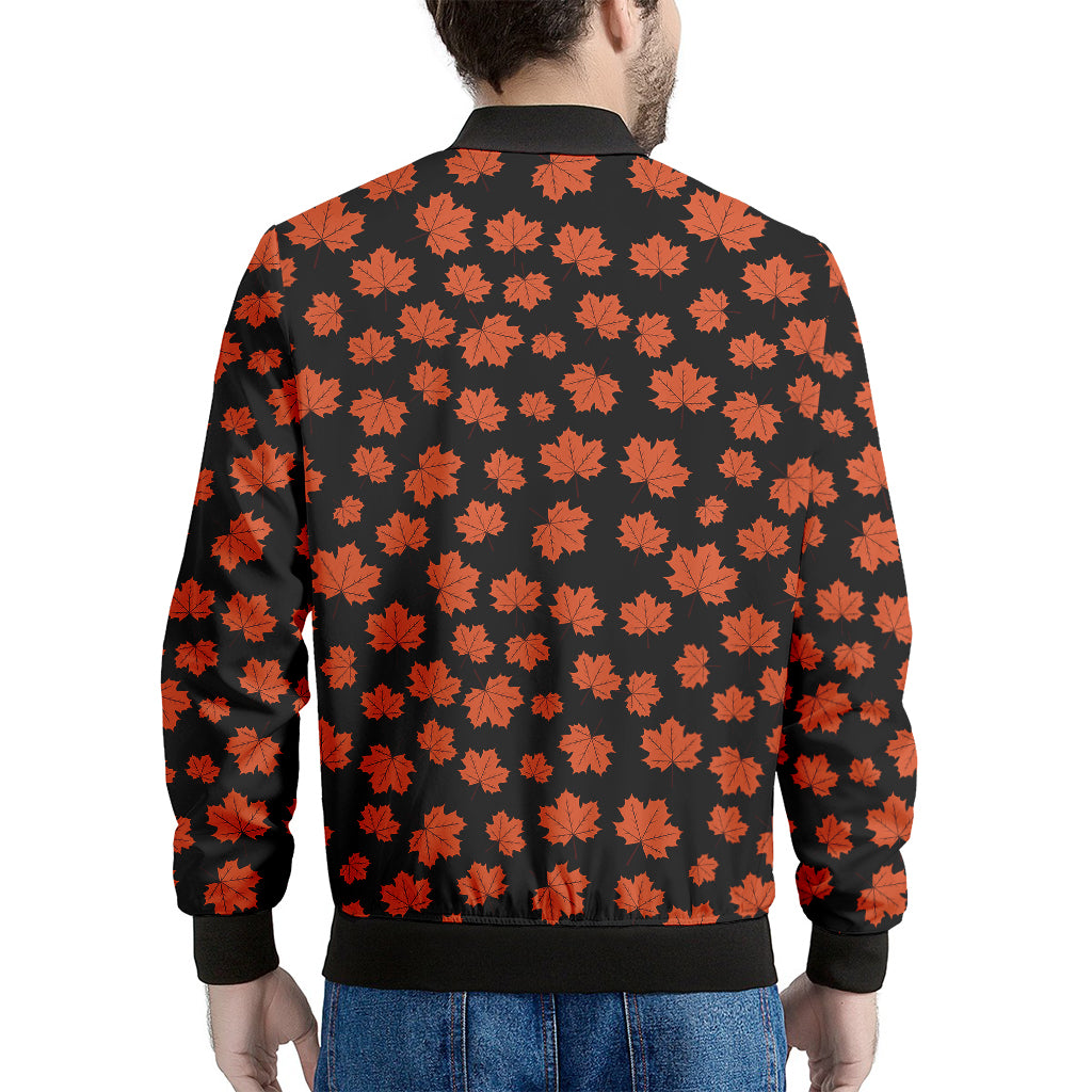 Orange Maple Leaves Pattern Print Men's Bomber Jacket