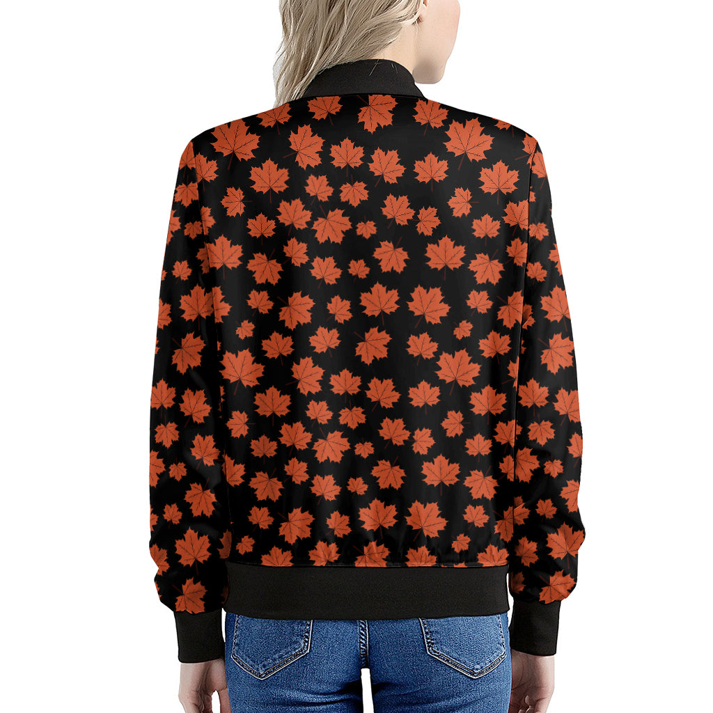 Orange Maple Leaves Pattern Print Women's Bomber Jacket