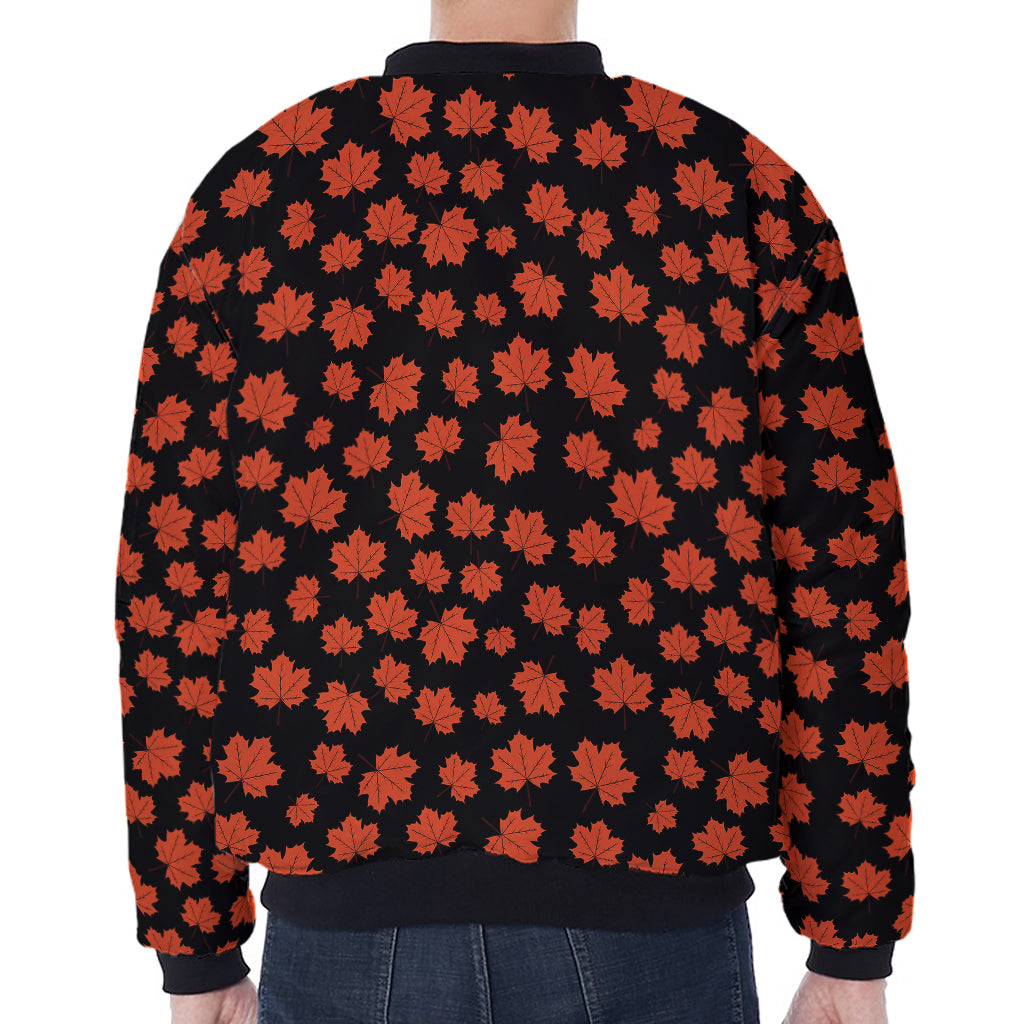 Orange Maple Leaves Pattern Print Zip Sleeve Bomber Jacket