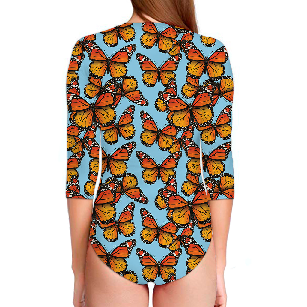 Orange Monarch Butterflies Pattern Print Long Sleeve Swimsuit