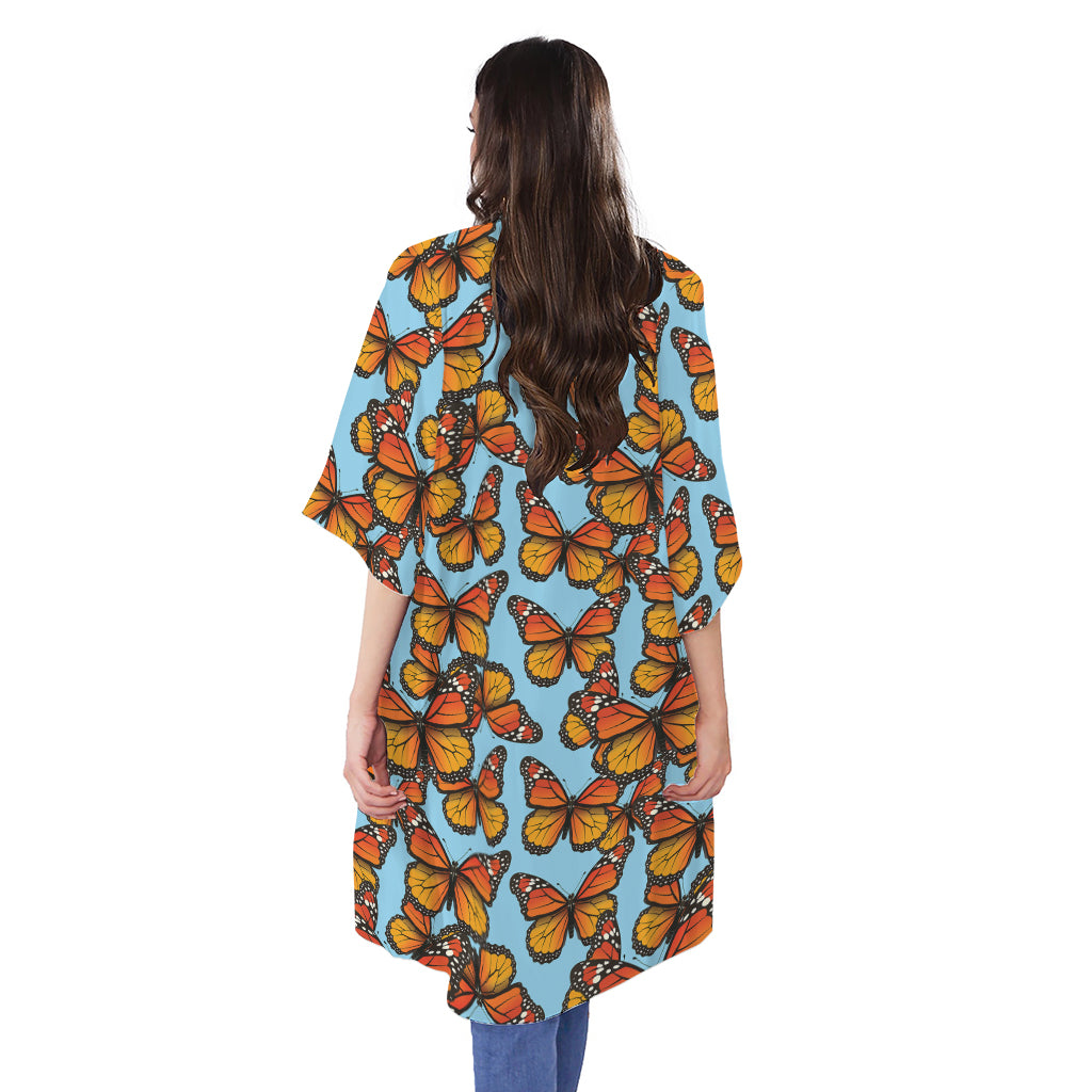 Orange Monarch Butterflies Pattern Print Open Front Beach Cover Up