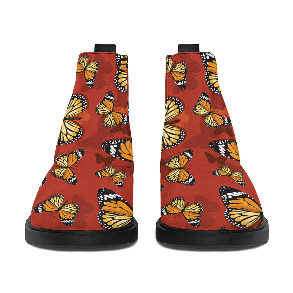 Orange Monarch Butterfly Print Flat Ankle Boots