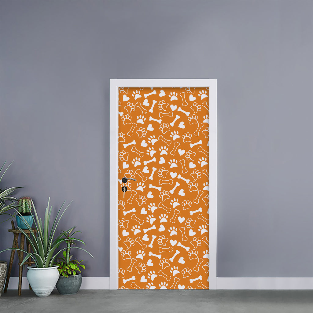 Orange Paw And Bone Pattern Print Door Sticker