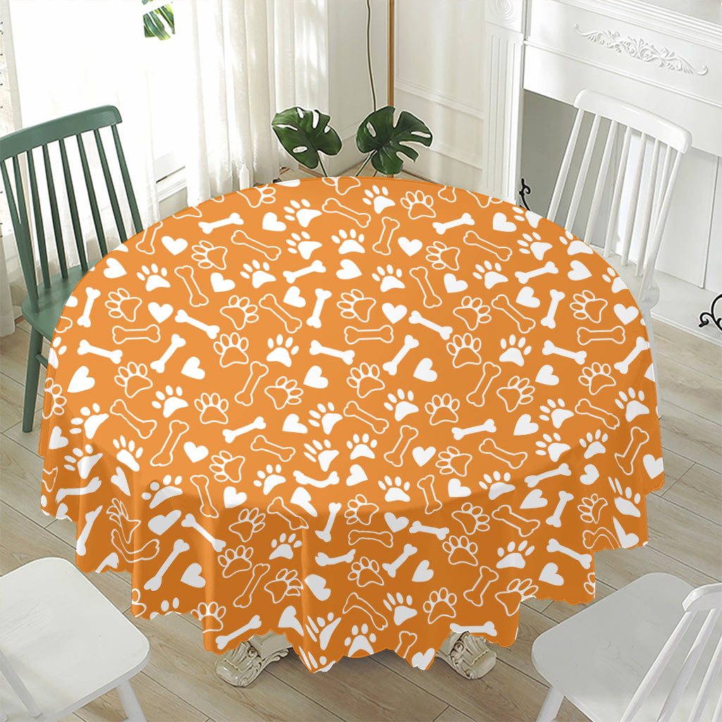Orange Paw And Bone Pattern Print Waterproof Round Tablecloth