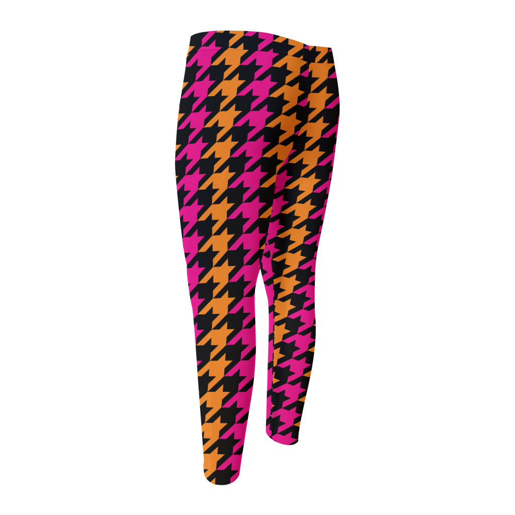 Orange Pink And Black Houndstooth Print Men's Compression Pants