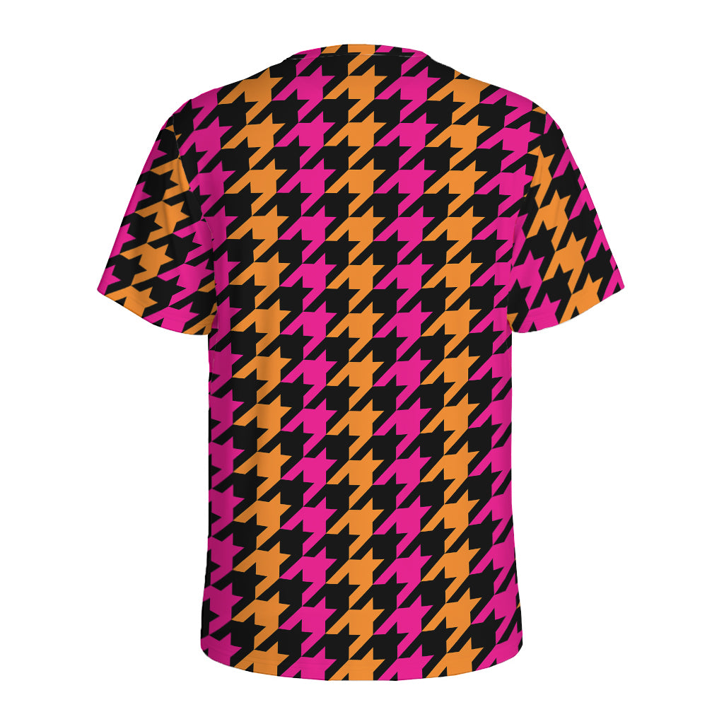Orange Pink And Black Houndstooth Print Men's Sports T-Shirt