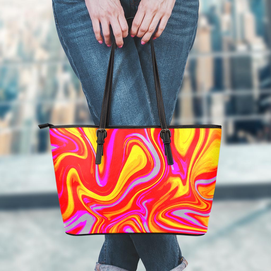 Orange Psychedelic Liquid Trippy Print Leather Tote Bag