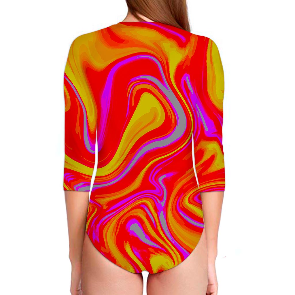 Orange Psychedelic Liquid Trippy Print Long Sleeve Swimsuit