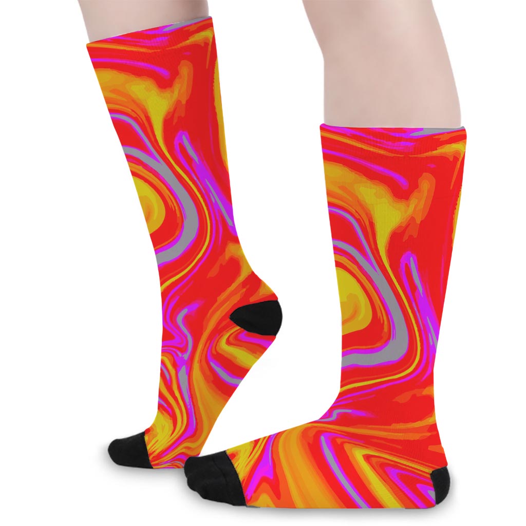 Orange Psychedelic Liquid Trippy Print Long Socks