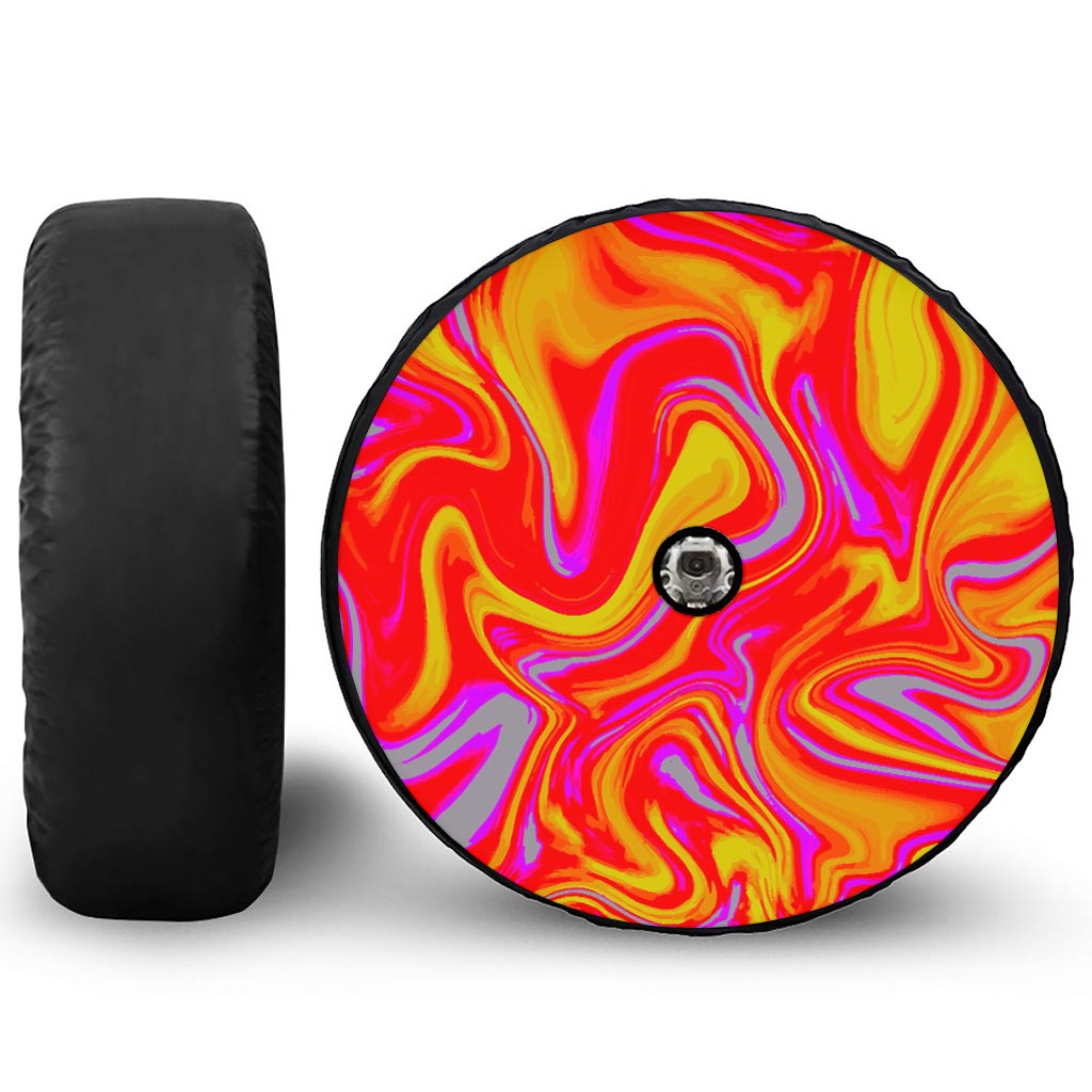 Orange Psychedelic Liquid Trippy Print Tire Cover With Camera Hole