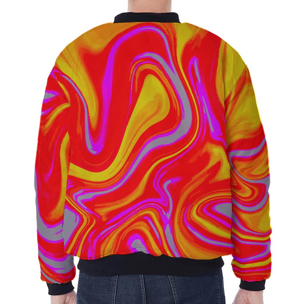 Orange Psychedelic Liquid Trippy Print Zip Sleeve Bomber Jacket