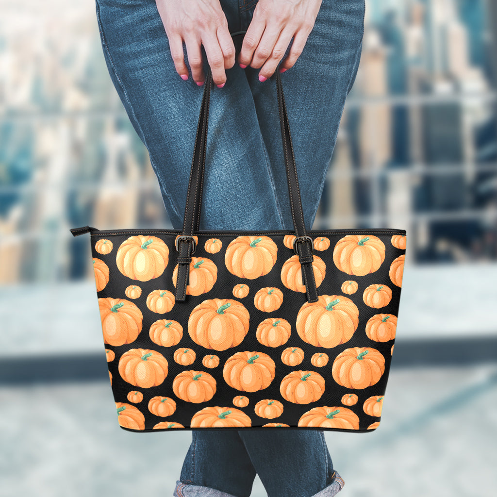 Orange Pumpkin Pattern Print Leather Tote Bag