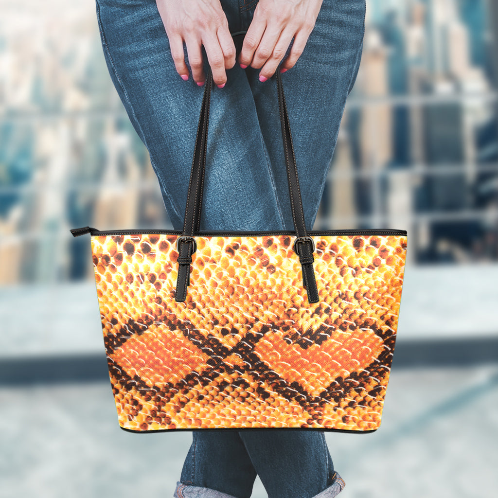 Orange Snakeskin Print Leather Tote Bag