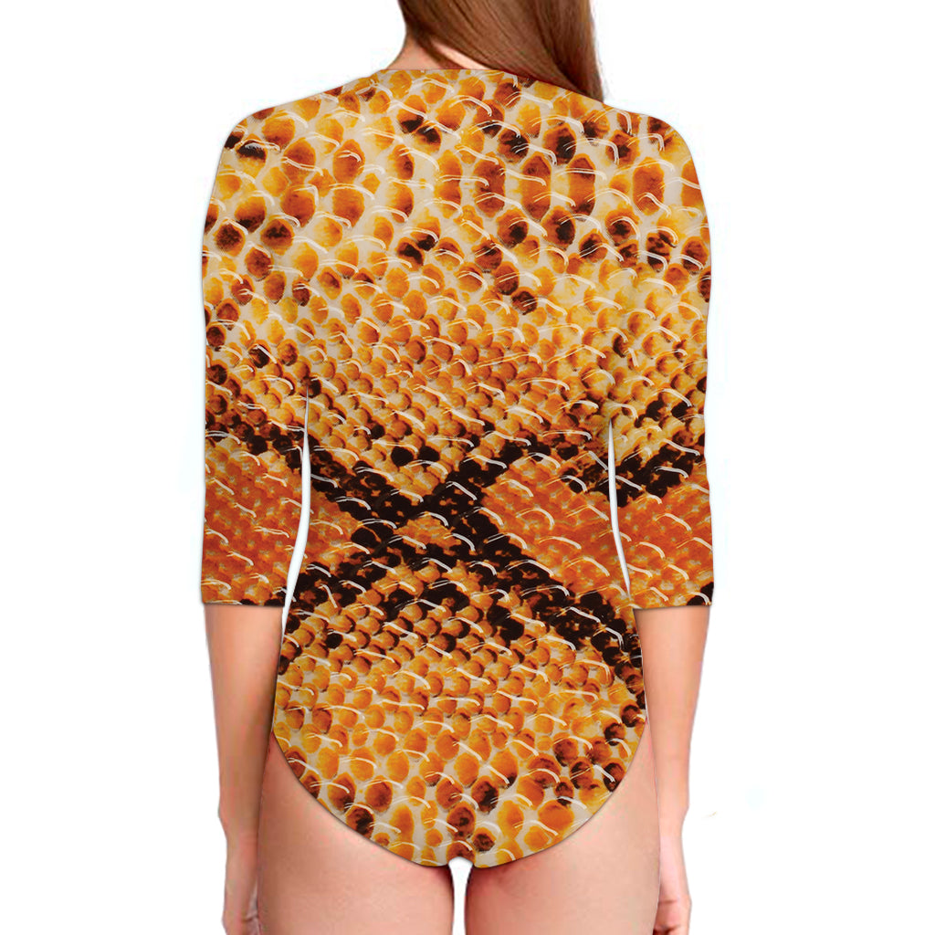 Orange Snakeskin Print Long Sleeve Swimsuit