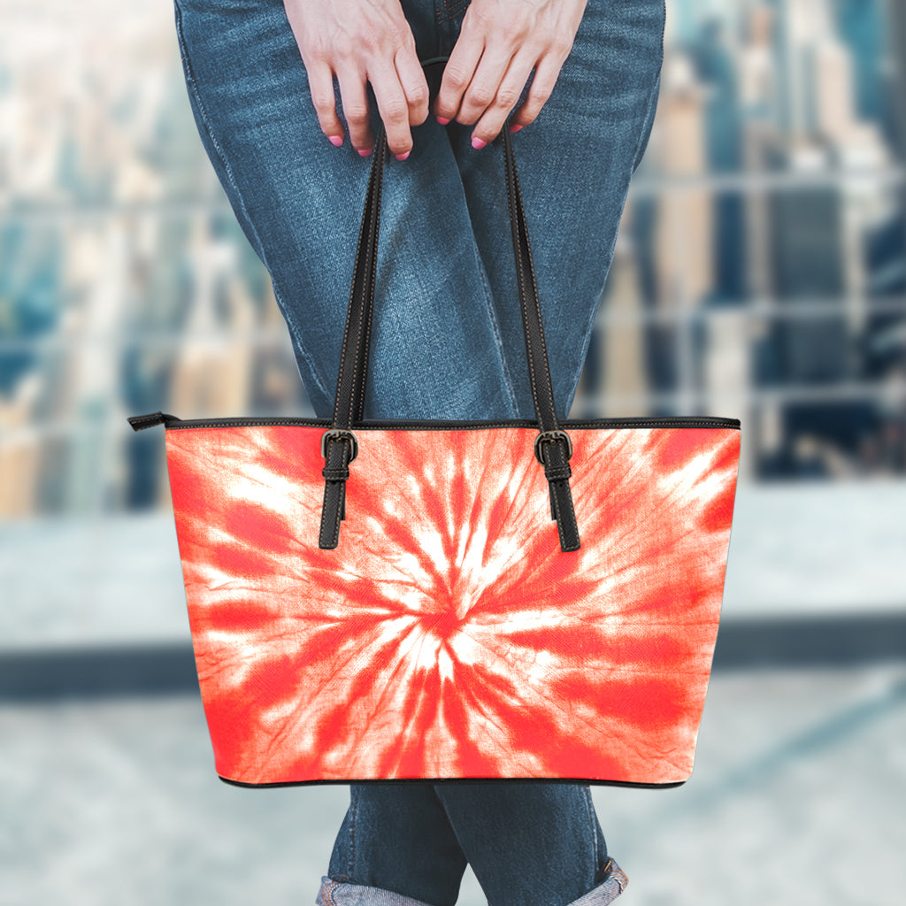 Orange Tie Dye Print Leather Tote Bag