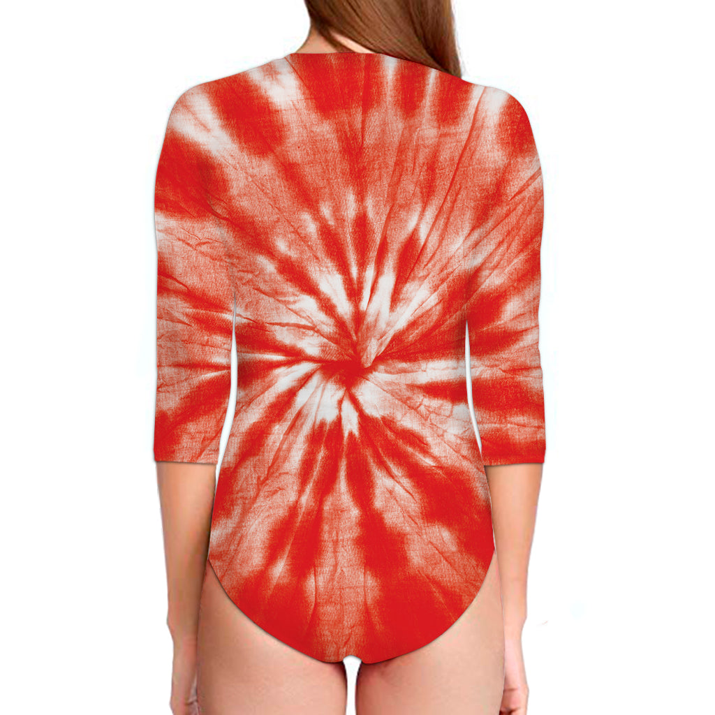 Orange Tie Dye Print Long Sleeve Swimsuit
