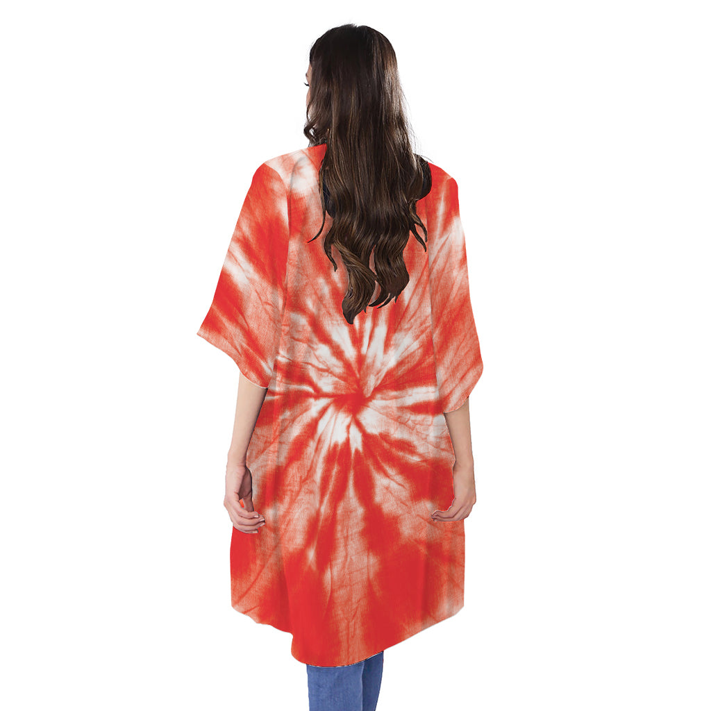 Orange Tie Dye Print Open Front Beach Cover Up