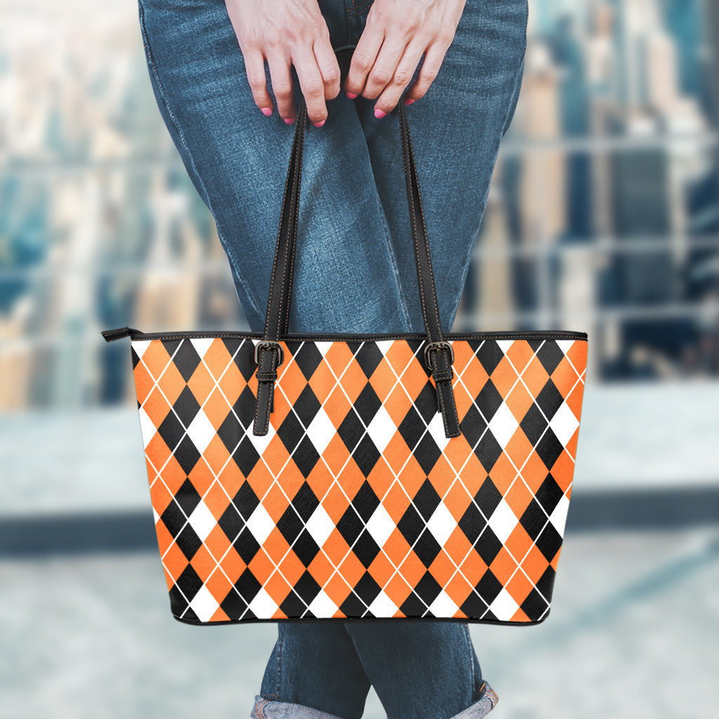 Orange White And Black Argyle Print Leather Tote Bag