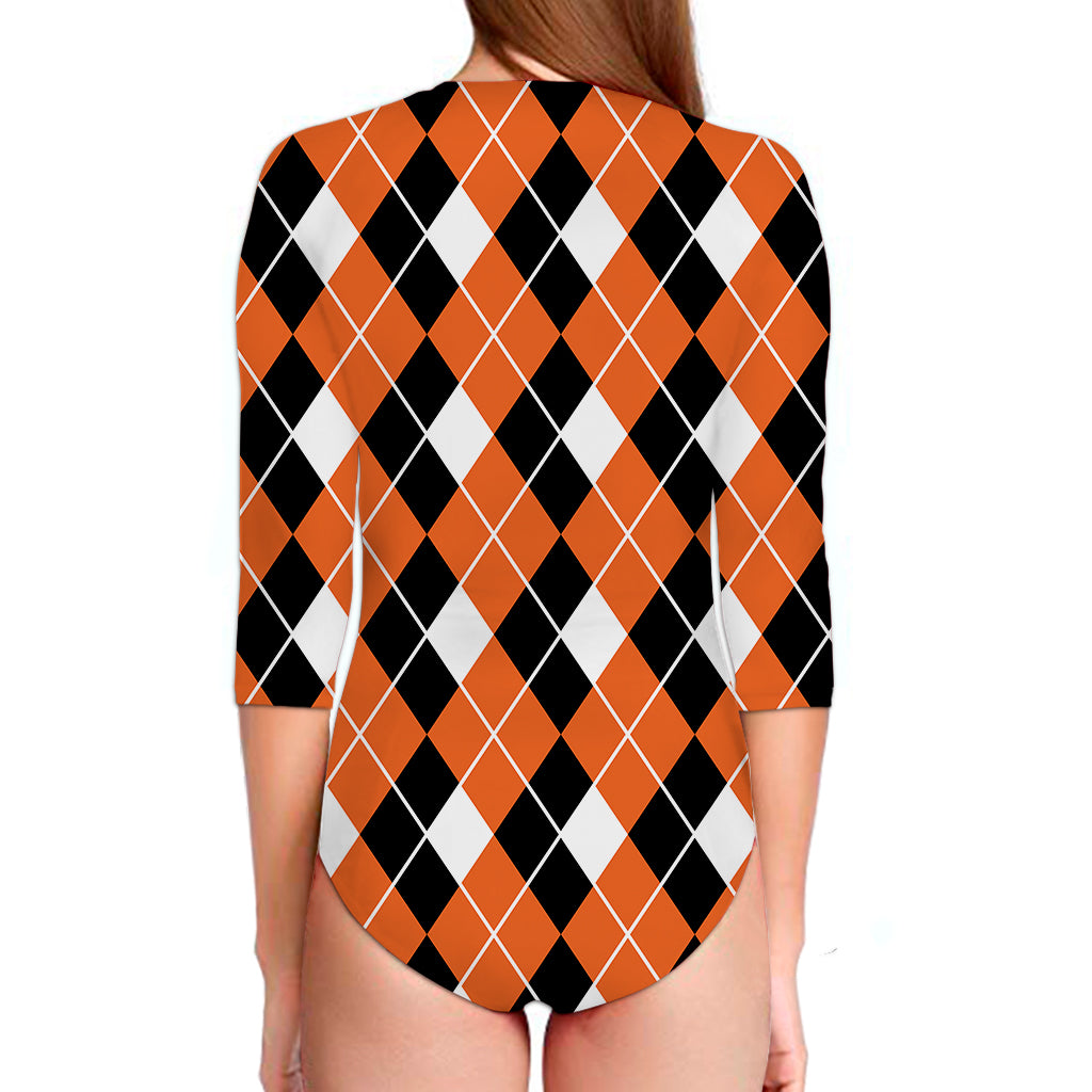 Orange White And Black Argyle Print Long Sleeve Swimsuit