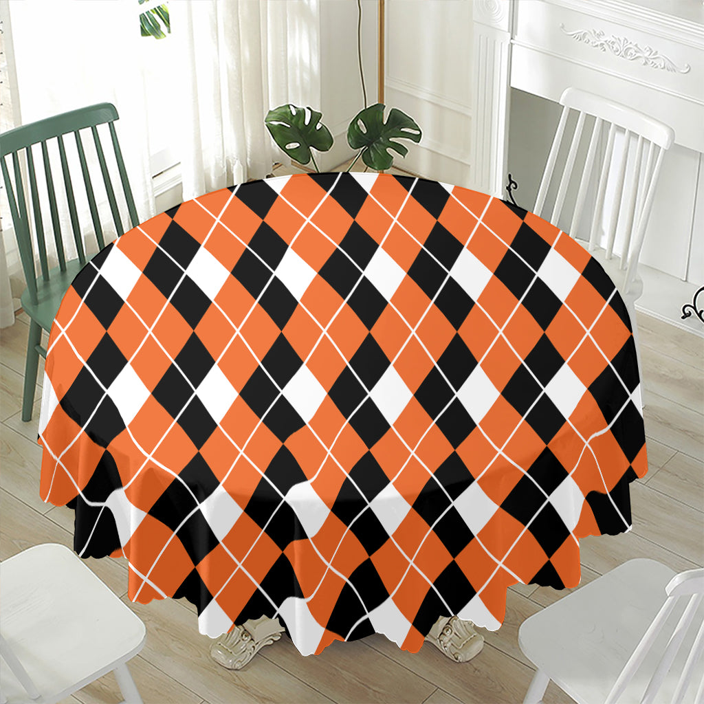 Orange White And Black Argyle Print Waterproof Round Tablecloth