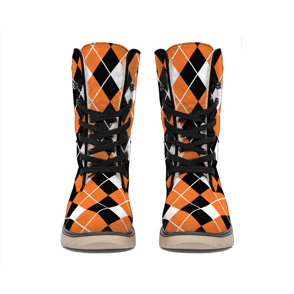 Orange White And Black Argyle Print Winter Boots