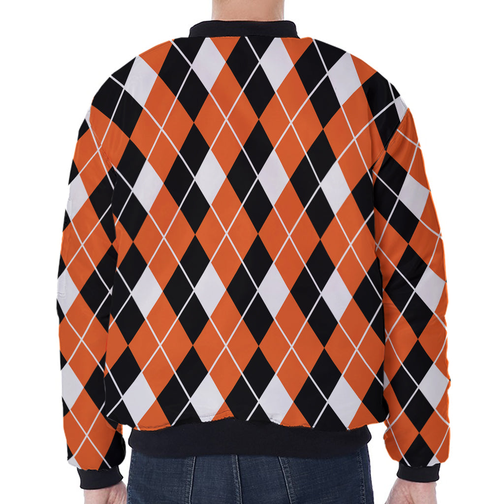 Orange White And Black Argyle Print Zip Sleeve Bomber Jacket