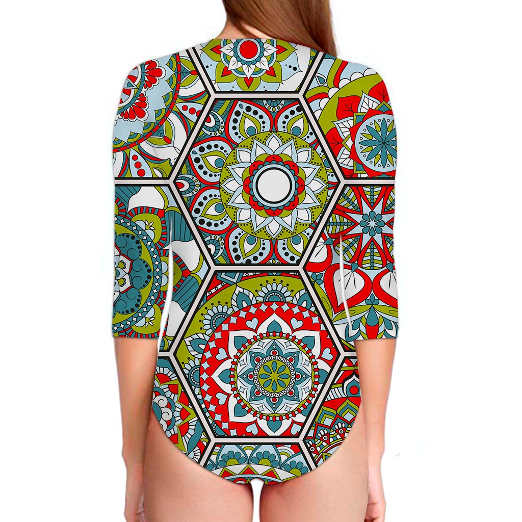 Oriental Mandala Bohemian Pattern Print Long Sleeve Swimsuit