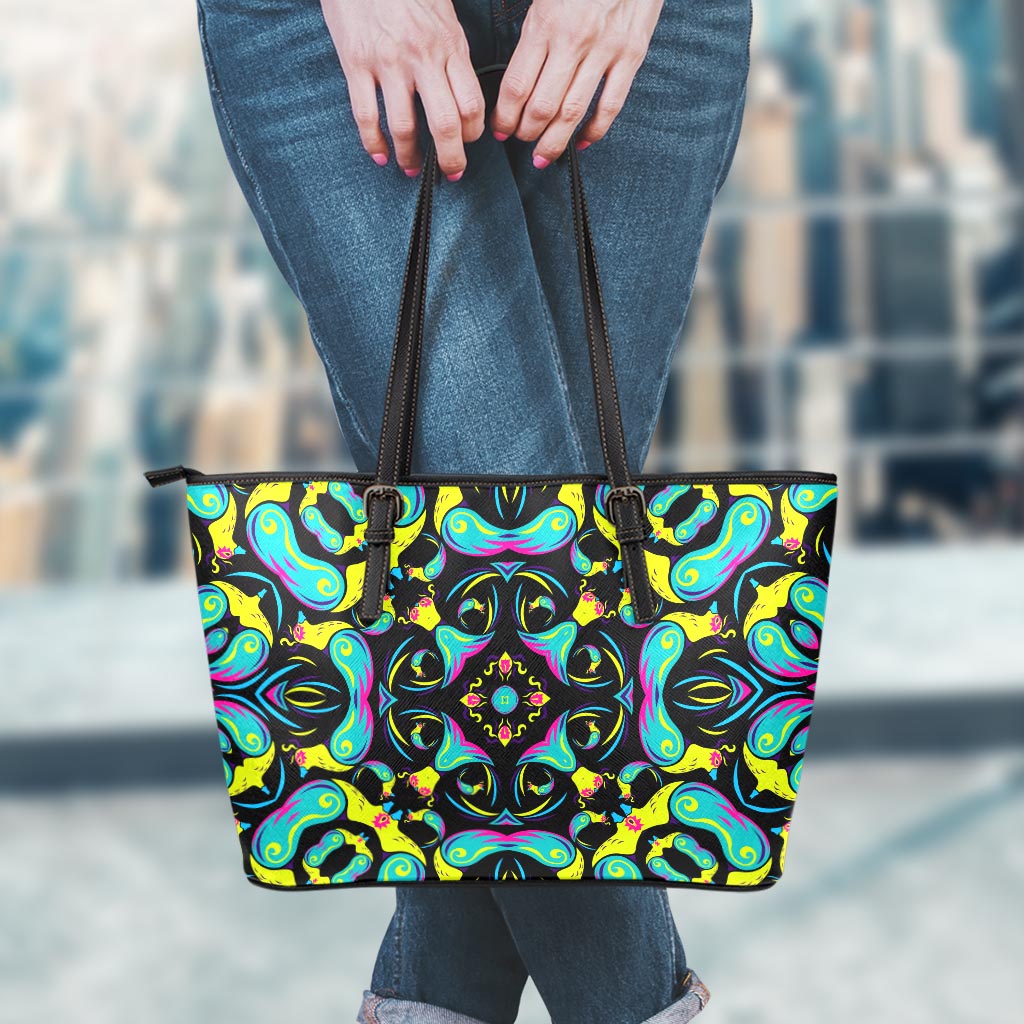 Ornament Psychedelic Trippy Print Leather Tote Bag