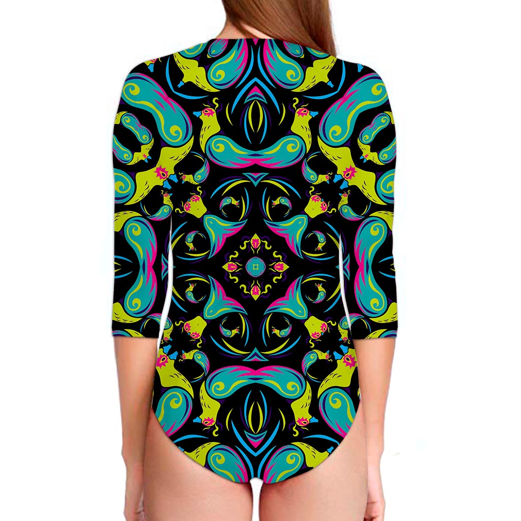 Ornament Psychedelic Trippy Print Long Sleeve Swimsuit