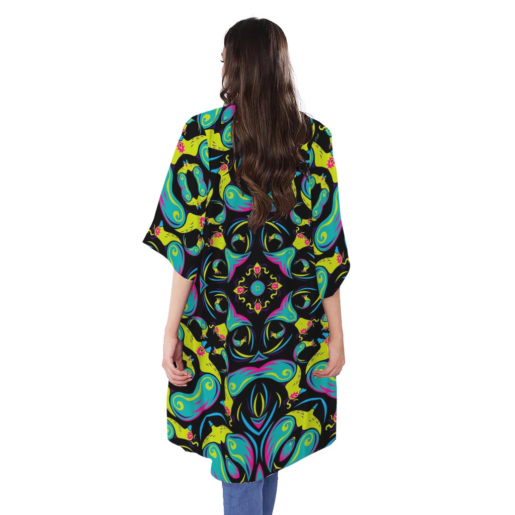 Ornament Psychedelic Trippy Print Open Front Beach Cover Up