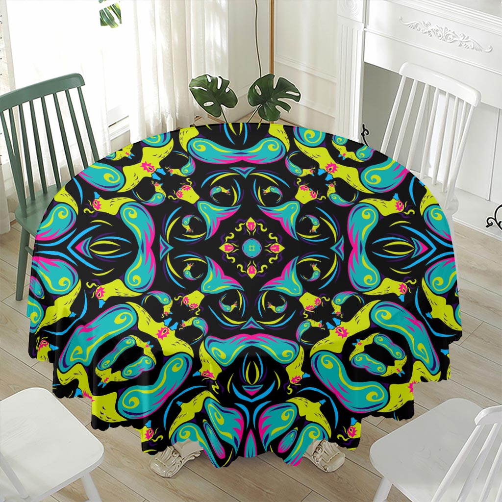 Ornament Psychedelic Trippy Print Waterproof Round Tablecloth