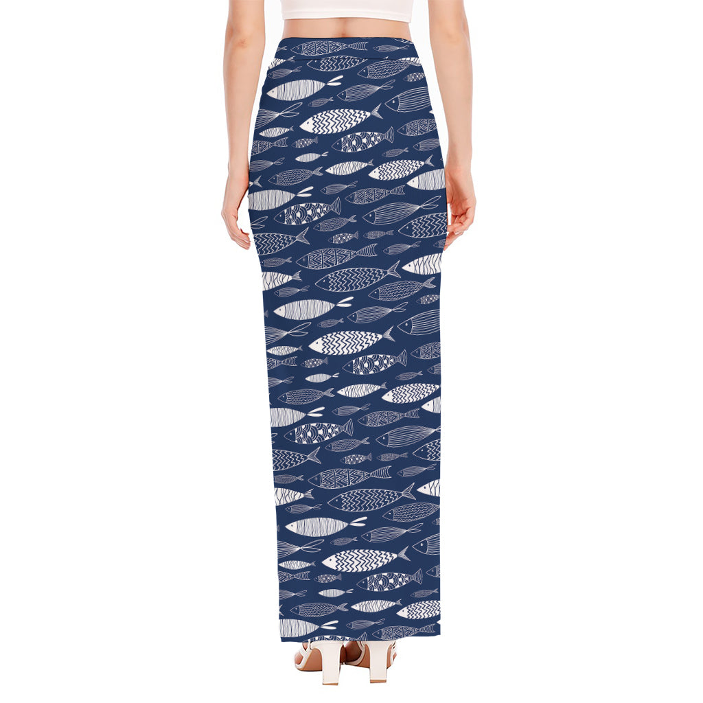 Ornamental Fish Pattern Print High Slit Maxi Skirt