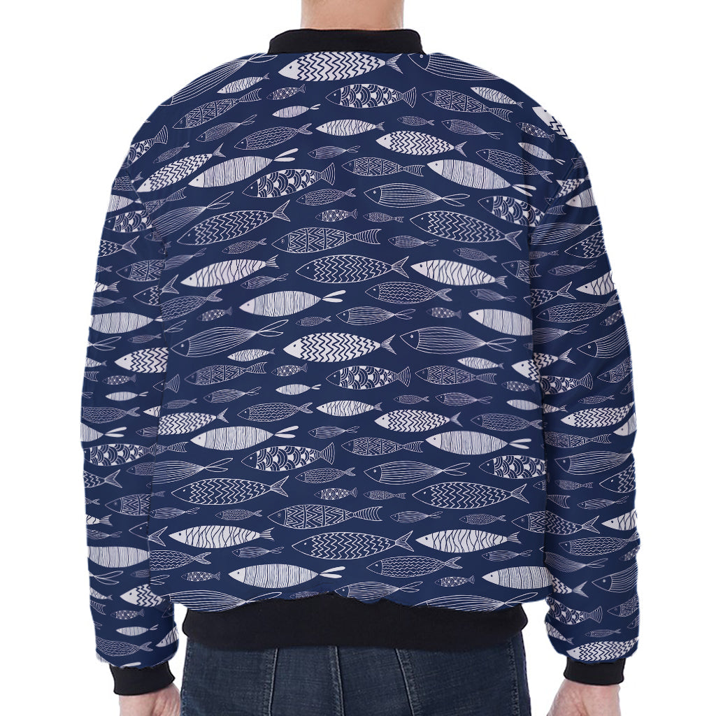 Ornamental Fish Pattern Print Zip Sleeve Bomber Jacket